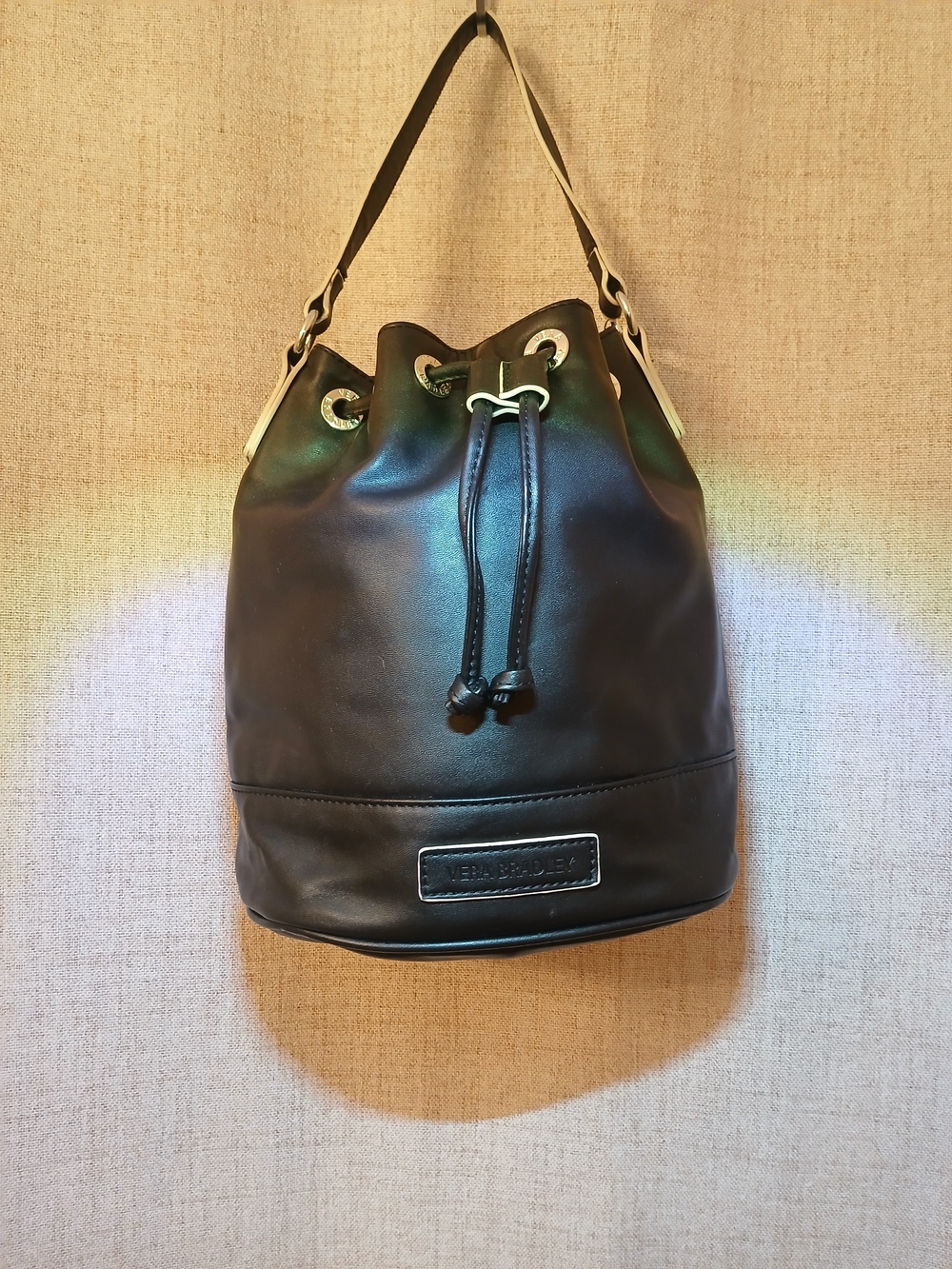 Vera Bradley Black Leather Drawstring Hobo Bucket Bag